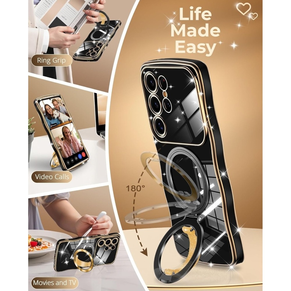 Silverback Samsung S25 Ultra Case Black Gold Ring Stand Magnetic Luxury Cover